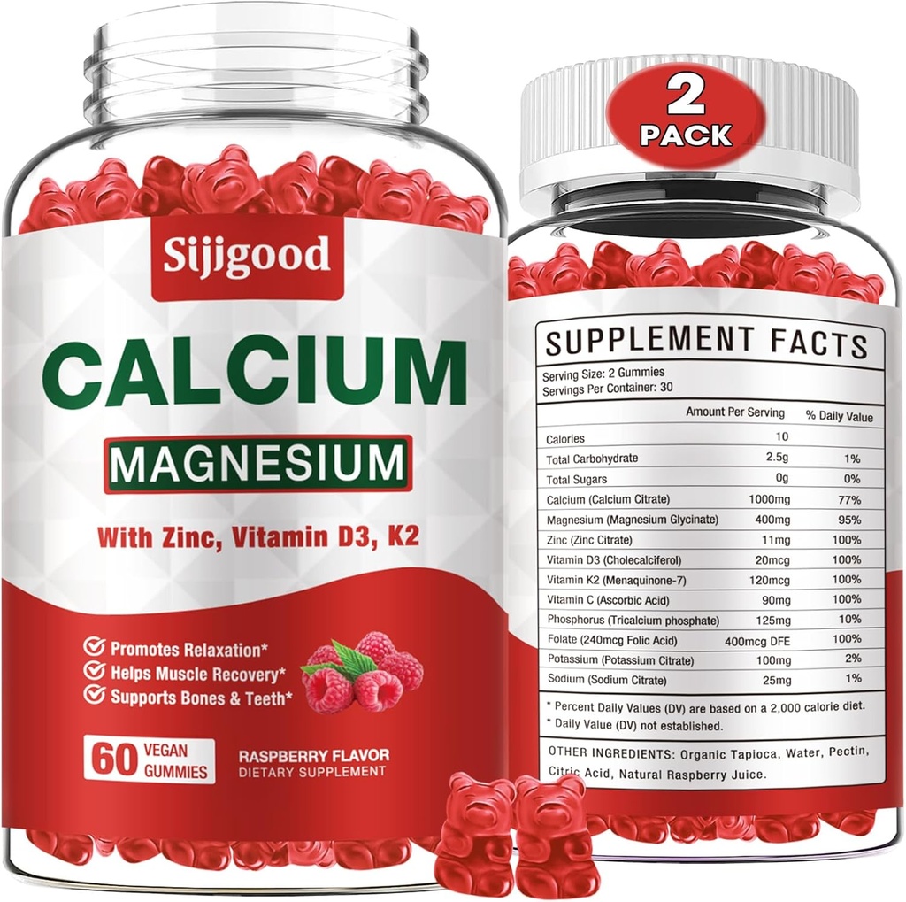 2 Pack Calcium Magneesium Tsink Gummies vitamiin C D3 K2, Kaltsium Gummies luu, lihased, rahulikkus ja Zzz tugi, kõrge imendumise valem magneesium tsink Kaalium, Vaarika Maitsestatud 120 Ct