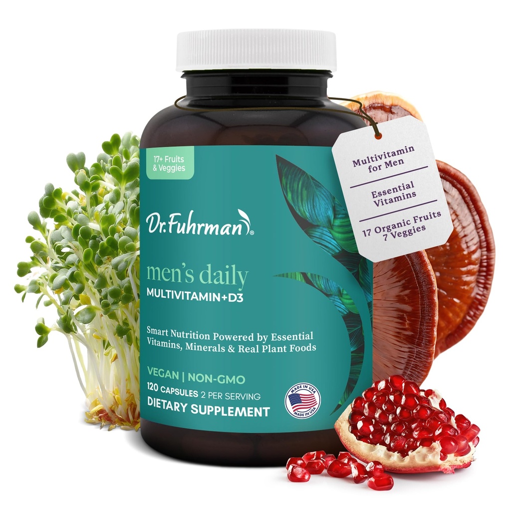 Dr Fuhrman Multivitamiin meestele + D3 Vitamiin immuunsuse toetamiseks | Vegan Formula Meeste multivitamiin B12 & Tsink | Terve toit multivitamiin pakendatud 17 puu- ja köögivilja | Non GMO | 120 Kapsel