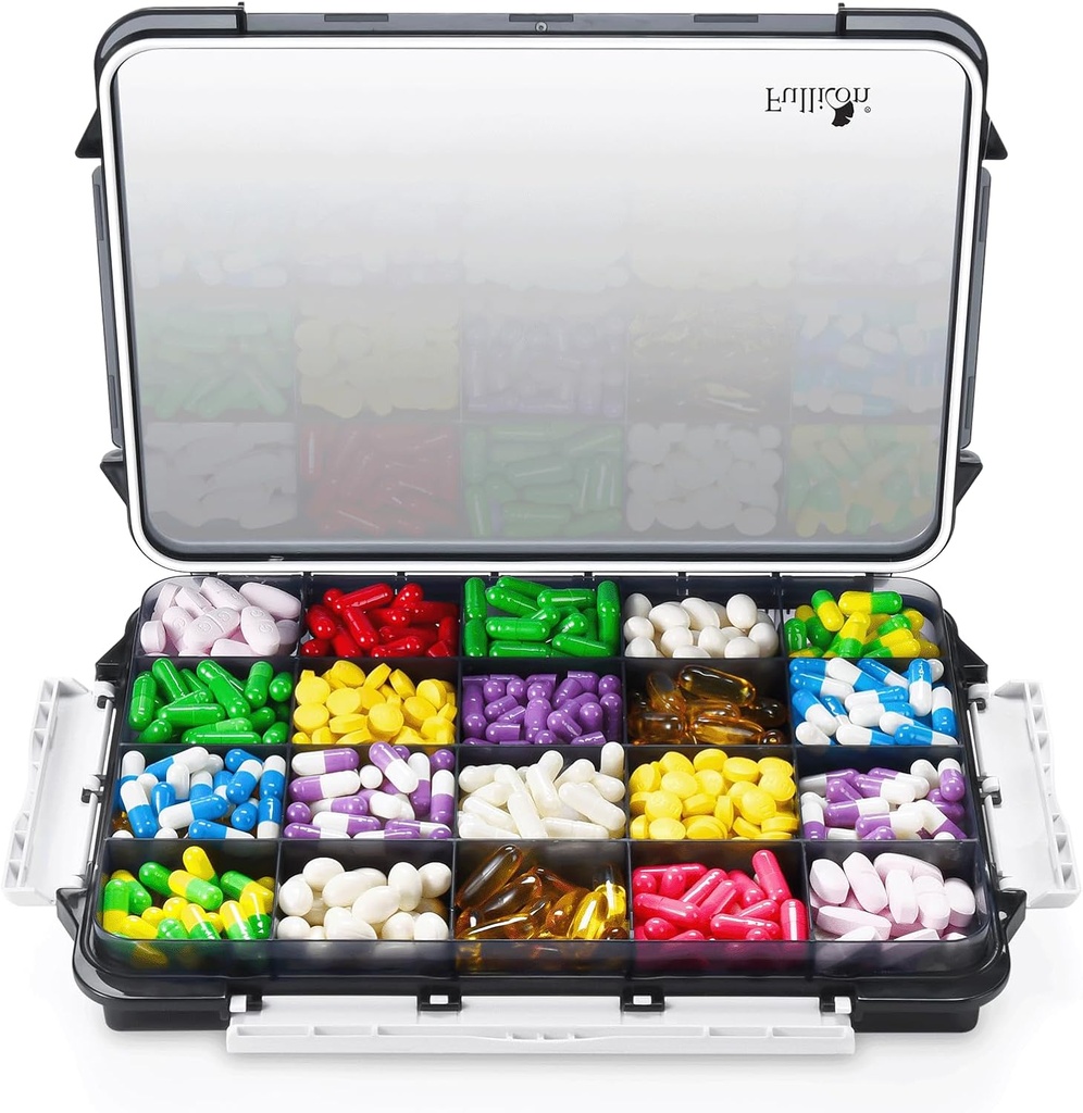 Fullicon Extra Suur Pill Korraldaja Niiskuskindel Disain, Travel Jumbo Pill Box 20 Kompartment, täiendus Korraldaja Vitamiinid 3 Turvatud Buckles (must)