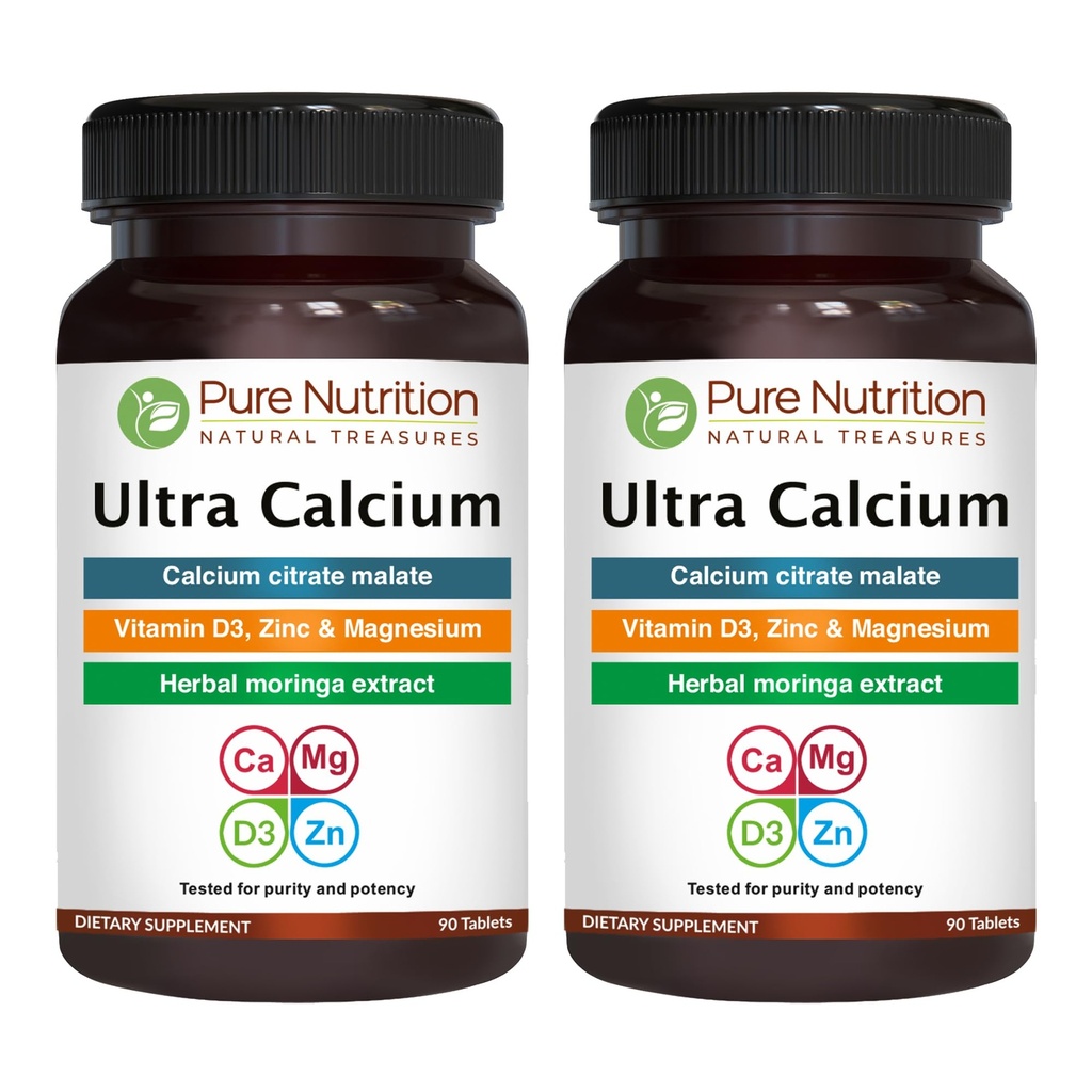 Puhas toitumine Ultra Kaltsium 1000mg VIT D3 + K2 | 180 Tabs (90 X Pack of 2) | Väga imenduv kaltsiumilisandi kaltsiumtsitraatmalaat, VIT D3, K2, Moringa Oleifera, magneesium ja tsink.