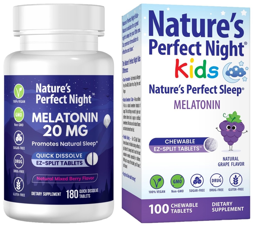 Nature's Perfect Night Bundle | Melatoniin 20mg | Kids Melatoniin 1mg | 180 Count | 100 Count | Sugar Free | Gluteenivaba | Non-GMO | Vegan