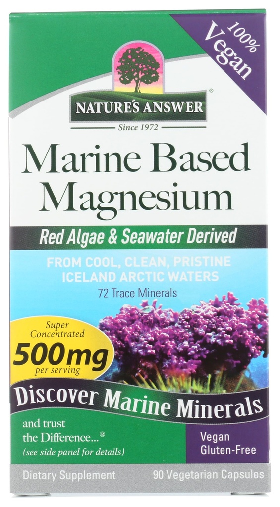 Nature's Answer Marine Based Magnesium, Super Concentrated 500mg | Plant Based | Red Vetikad & Seawater Derived | Alkoholivaba & Gluteenivaba | Taimekapslid 90ct