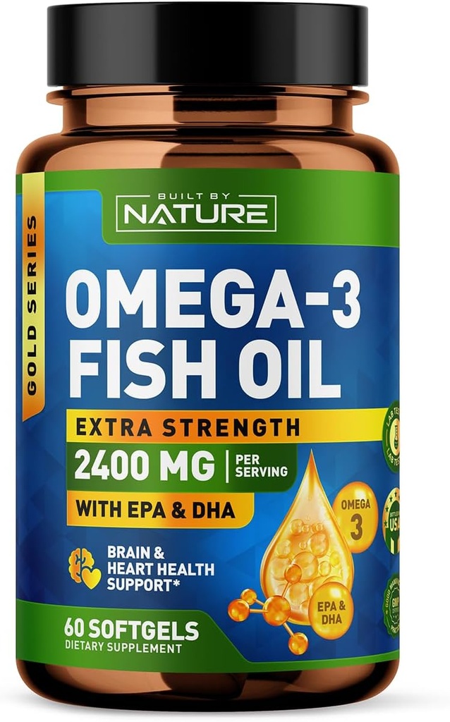 Ehitatud Nature Omega 3 Fish Oil Soft Gels - 2400 mg Fish Oil, 1440 mg Omega 3, 864 mg EPA, 576 mg DHA - Extra Strength Brain & Heart Health Support Supplement - 60 Softgels