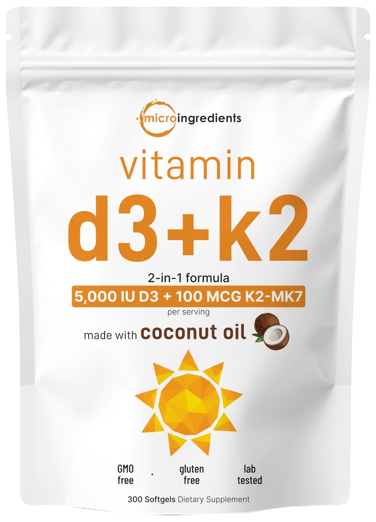 Mikrokoostisosad Vitamiin D3 5000 IU + K2 MK-7 100 mcg, 300 Softgels | Neitsi kookosõli | 2-in-1 tugi | Lihtne neelata, mitte-GMO