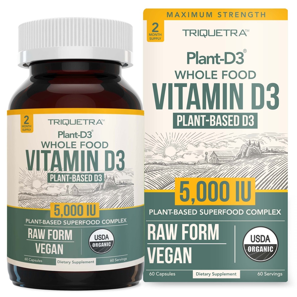 Orgaaniline vitamiin D3 5000 RÜ - 100% kogu toit ja taimepõhine kolekaltsiferoolvorm, 100% vegan D-vitamiin - täiustatud prebiootikumi ja supertoidu kompleksiga - orgaaniline, vegan, GMO ja gluteenivaba (60 kapslit)