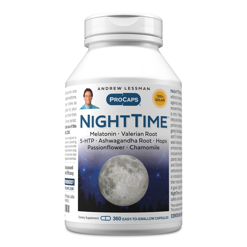 ANDREW LESSMAN Night Time 360 kapslid - 3 mg melatoniin, Valerian, Ashwagandha, Passionflower, Humal, Kummel. Ei mingit hommikust Grogginessi. Looduslik tugi, õrn rahumeelne uni. Kergesti neelatavad kapslid