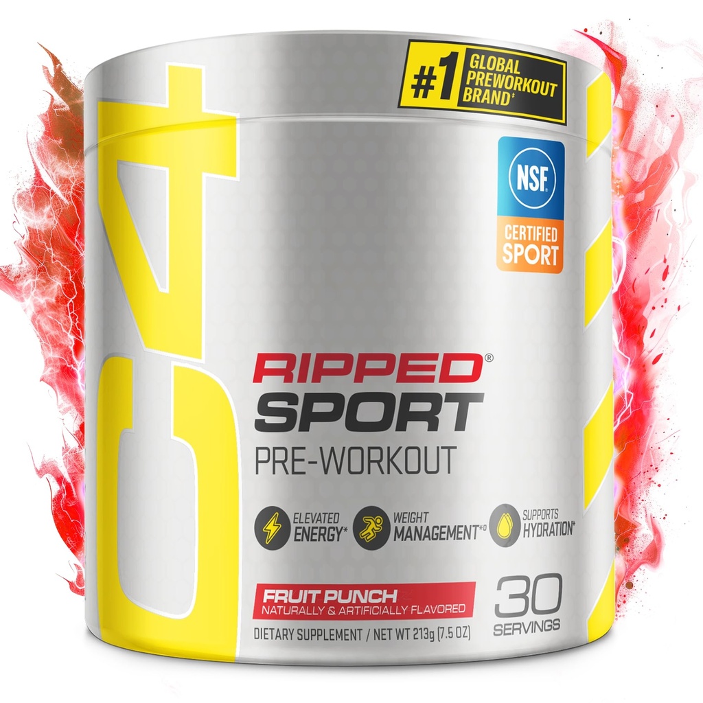 C4 Ripped Sport Pre Treening Pulber Puuvilja Punch - NSF sertifitseeritud Sport + nullsuhkru Preworkout Energialisa meestele ja naistele - 135mg Kofeiin + Kaalulangus - 30 Servings