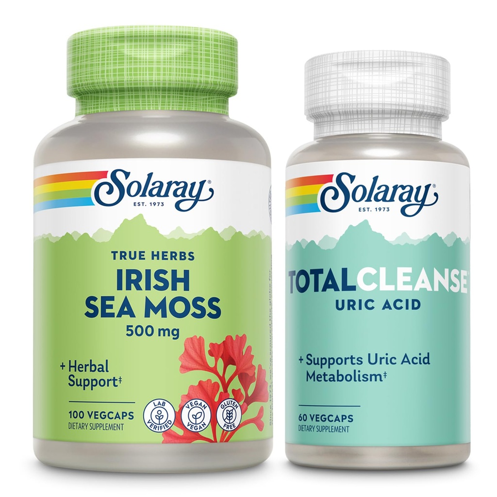 SOLARAY Irish Sea Moss and Total Cleanse Uric Acid – Wellness and Joint Health Bundle w/Naturally Occurring Vitamins, Minerals, Live Bakterid, Plus Tart Cherry, Kurkum ja seller Seed, 100/60ct