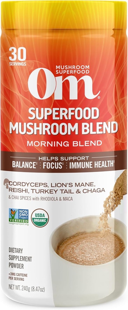 Om Seene Superfood Hommikune energia Blend Seenepulber Pulber Jook, 8.47 Ounce Canister, Kohvivaba energiajook Cordyceps, Vitamiin D2, Agaricus Bisporus, Lõvi Mane, Rhodiola ja Türgi Saba