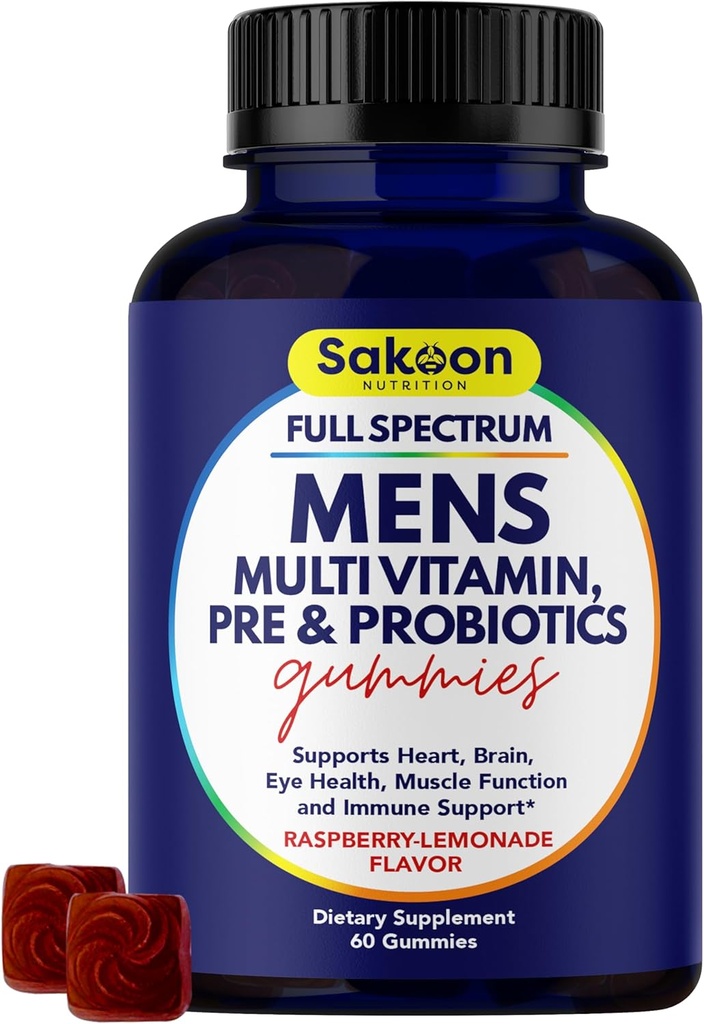 Sakoon toitumine Meeste multivitamiini kummid probiootikumide ja prebiootikumidega, täiskasvanute multivitamiinid A, C, D, E, B & More, immuunsus, energia, tervis, 60 loend