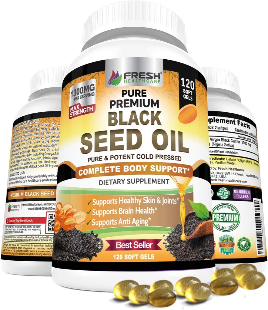 VÄRSKED TERVISHOIULISED Musta seemne õlikapslid Külmpressitud 1300mg - 100% puhas mitte-GMO Nigella Sativa - Immuunsus ja ühine tugi - Premium Softgel Supplement