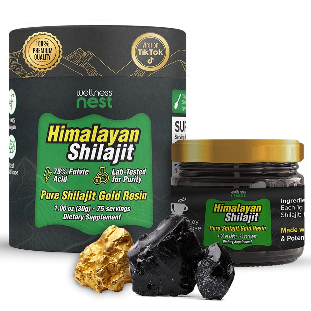 Wellness Nest Gold Grade Pure Himalayan Shilajit Vaik: Ultimate Potency for Men & Women - 24k Gold, 75%+ Fulvic Acid, Lab Test Report Kaasatud - 30g (1 Pack), 75 Servings