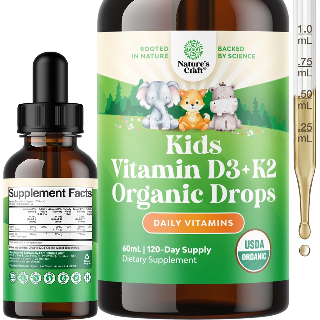 Natures Craft Kids Vitamiin D3 K2 tilgad - orgaaniline D-vitamiin lastele tugevatele luudele ja liigestele - Imikud, imikud ja väikelapsed Immuunsüsteemi tugi tilgad Vedel täiendus - 60 ml pudel