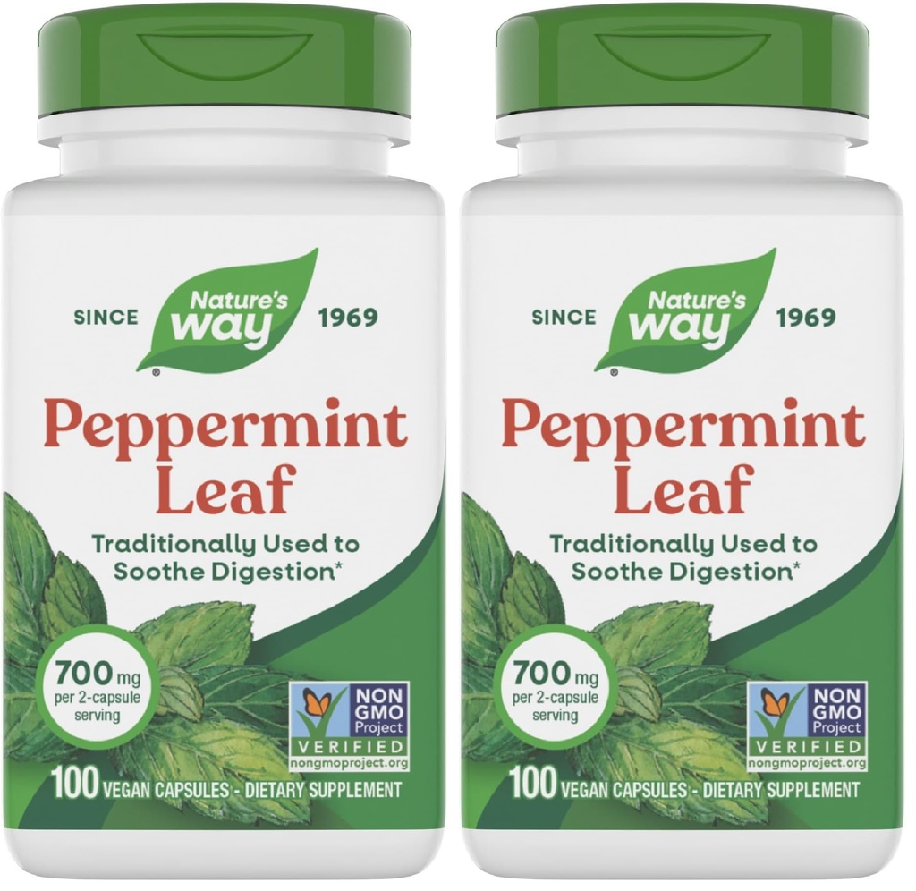 Nature's Way Premium Herbal Peppermint Leaf, Traditsiooniline seedetrakti rahustav ja ebamugavust toetav *, 700mg serveerimise kohta, 100 kapslit (2. pakk)