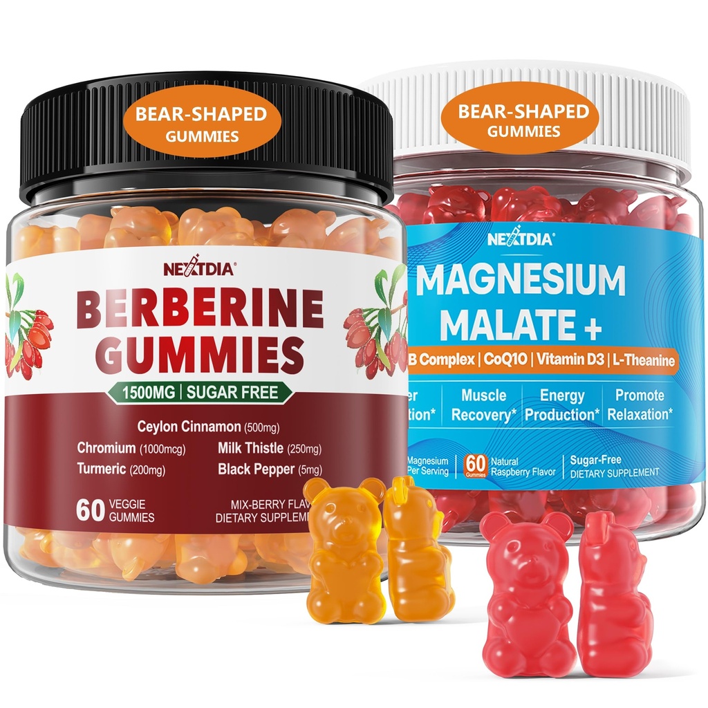 2Pack Berberine Supplement Gummies 1500mg + 2Pack Magneesium Malate CoQ10-100mg Gummies