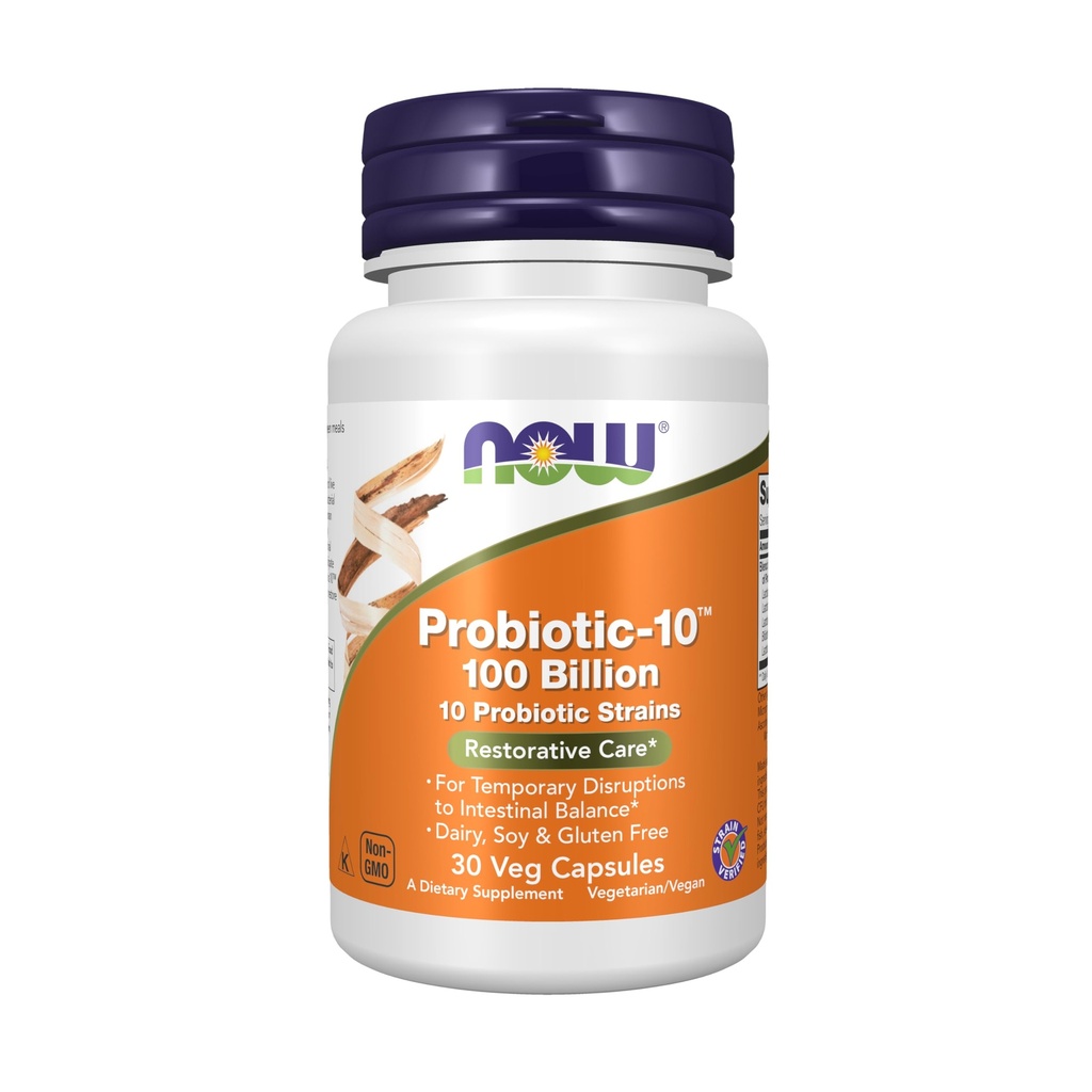 NOW Foods Supplements, probiootikum-10TM, 100 miljardit, 10 probiootilist tüve, päevane, soja ja gluteenivaba, tüvi kontrollitud, 30 Veg kapslit
