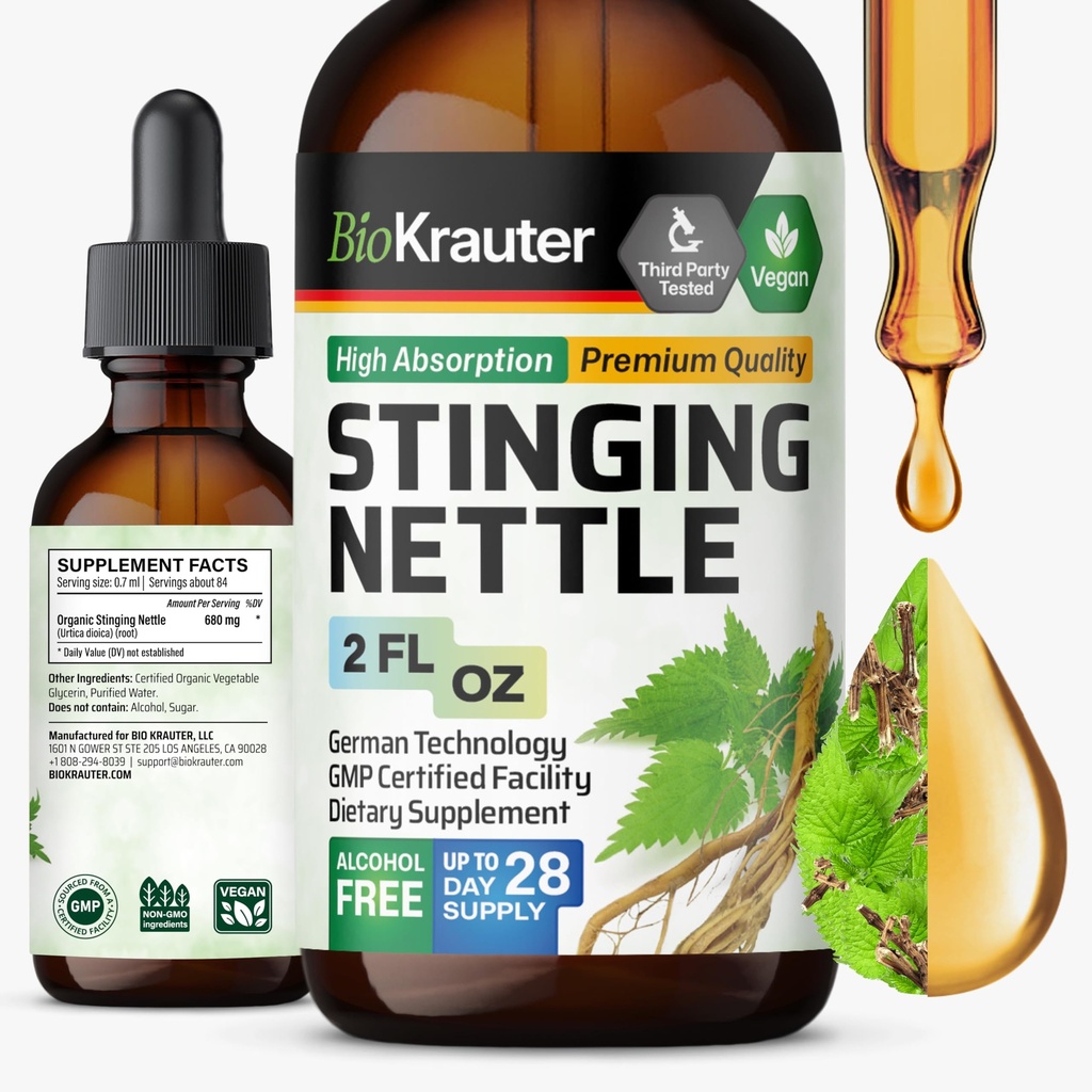 BIO KRAUTER Stinginging Nettle Tinkcture - Nõgesjuure ekstrakt Vedelik - Kuseteede Tugilisandi - Urtica Dioica Natural Extract - Vegan, Suhkur & Alkohol Vabad Tilgad 2 Fl.Oz