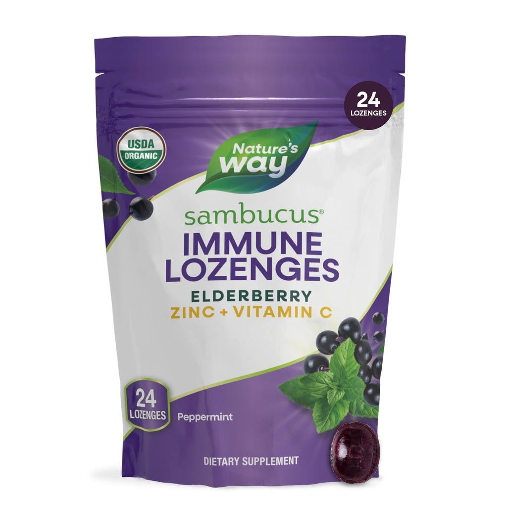 Nature's Way Sambucus Zinc Lozenges koos leedrimarja ja C-vitamiiniga, piparmündimaitseline, 24 söögikohta