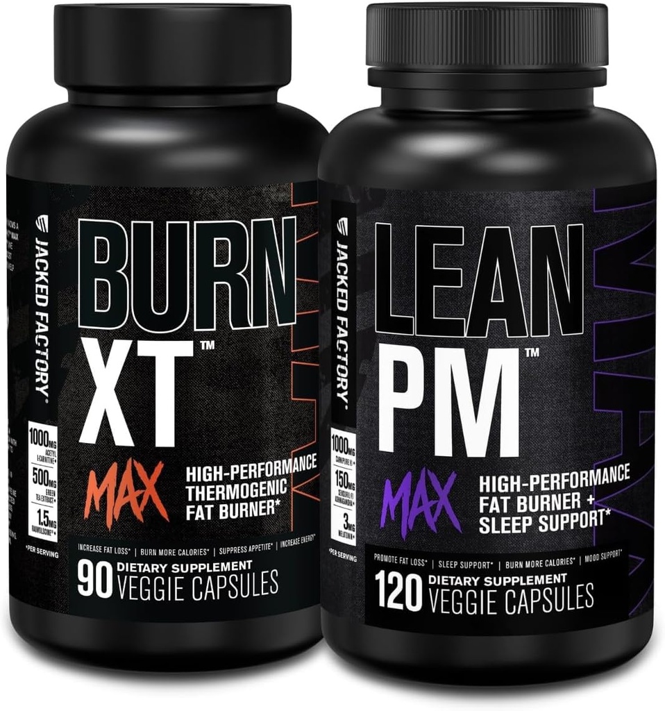 Jacked Factory Burn-XT Max - Thermogenic Fat Burner & Appetite Supressant (90 kapslit) & Lean PM Max suure jõudlusega kaalulangus, Fat Burner, & isu vähendav (120 kapslit)