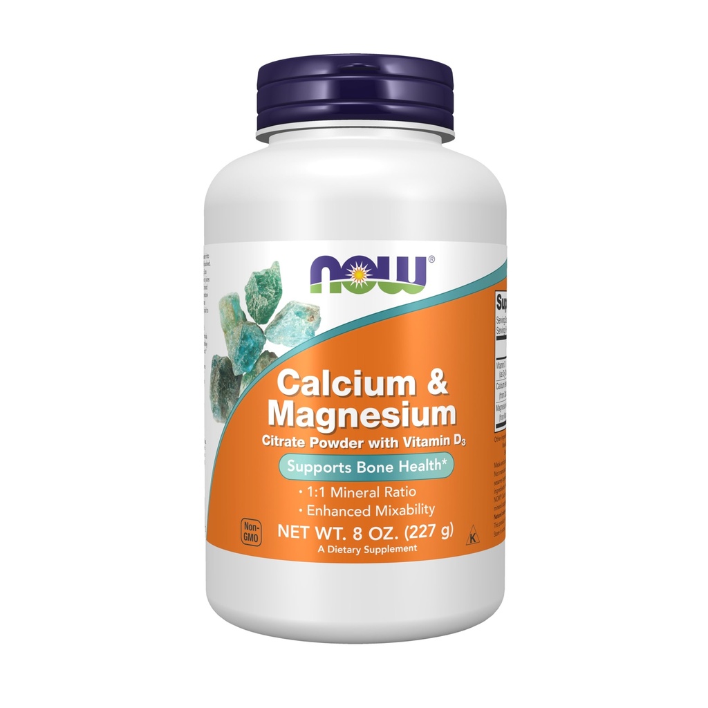 NOW Foods Supplements, Kaltsium ja magneesiumtsitraat pulber D3-vitamiiniga, toetab luude tervist *, 8-kordne