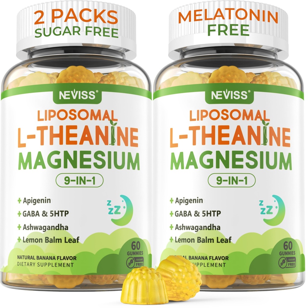 Liposomal L-Theanine 200mg Magneesium Glütsinaat 400mg Gummies GABA, 5HTP, Apigenin, Vitamiin B6 & D3, Ashwagandha, Lemon Balm Leaf, Melatoniini Vaba Une Näritav Relax Mood & Lihased, 2 pakendit