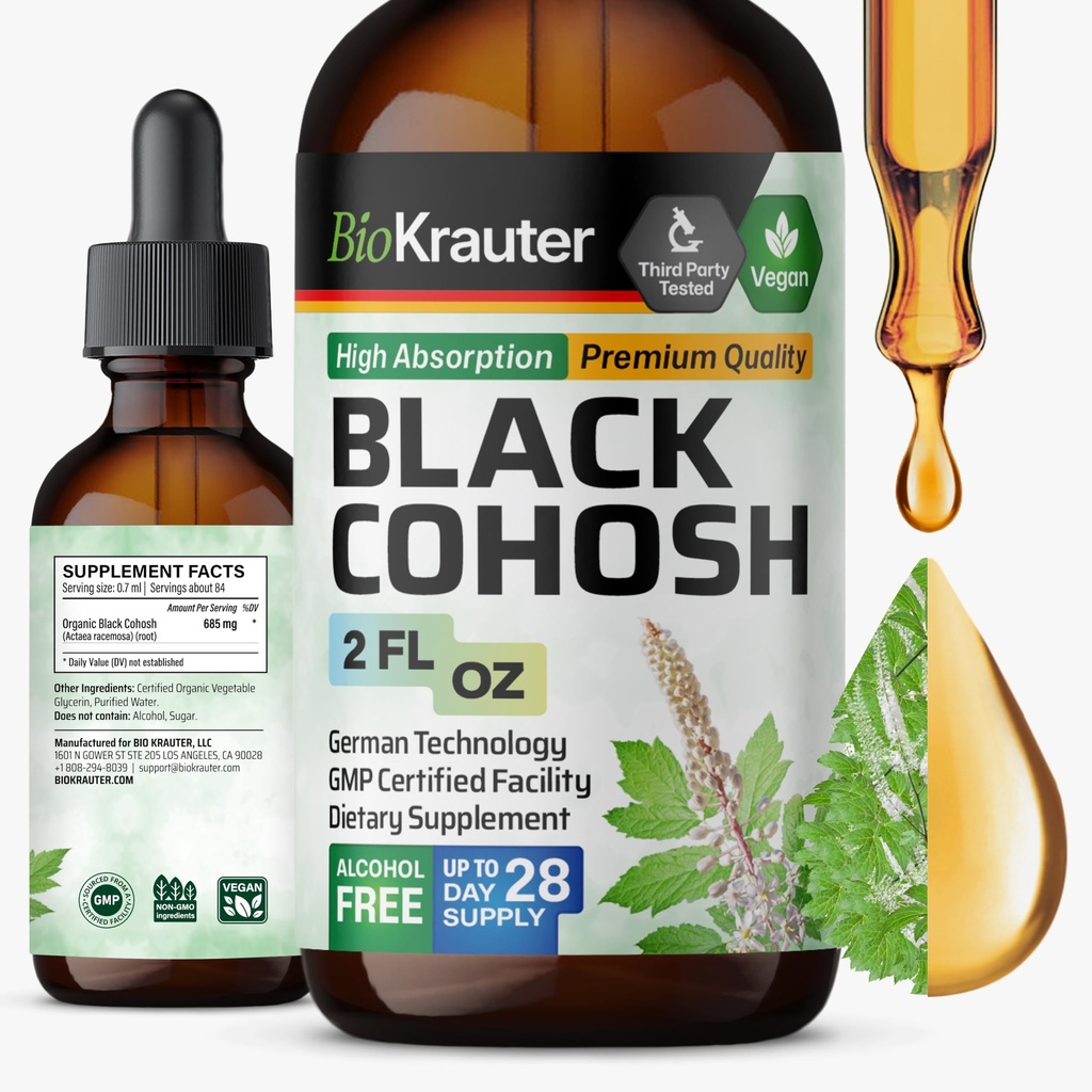 BIO KRAUTER Black Cohosh Juur Tinktuur - Vegan Black Cohosh Supplements Naiste toetus - Alkohol ja suhkur tasuta - 2 Fl.Oz