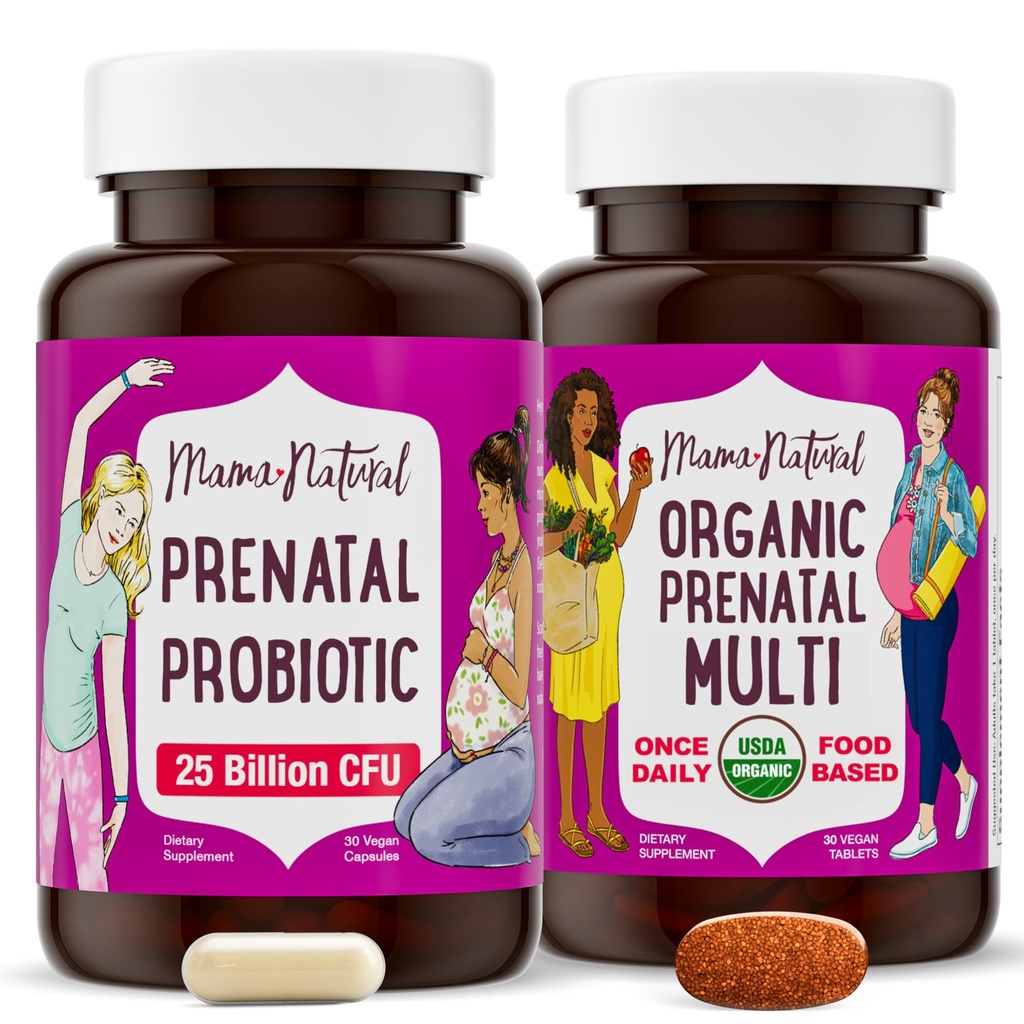 Mama Natural Prenatal Bundle - Orgaanilised sünnieelsed vitamiinid naistele + suunatud probiootikumid raseduse ja sünnitusjärgse heaolu - vaid 2 pillid päevas - Vegan & Non-GMO (30 päeva pakkumine)