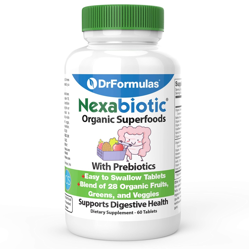 DrFormulas Orgaaniline Prebiootiline Fiber kõhukinnisuse leevendamiseks | Neksabiootiline Superfood Tabs Probiootiline Seedetrakti Tervis, 60 tabletti