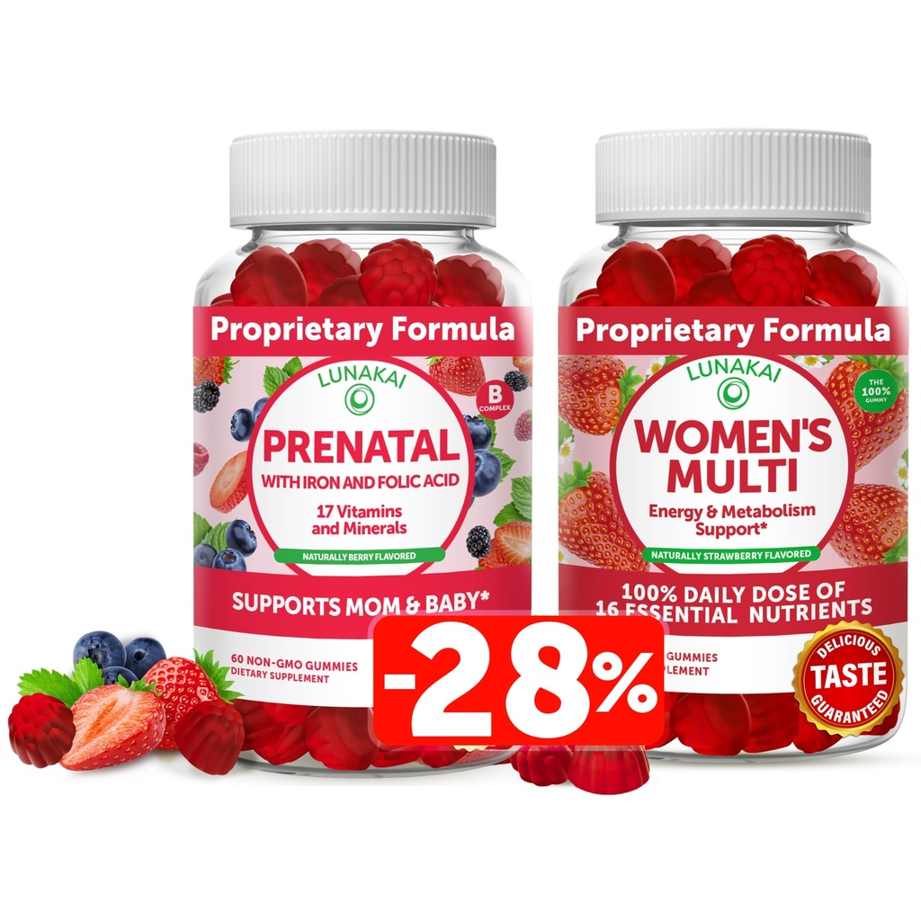Lunakai Sünnieelne Vitamiin ja Naiste Multivitamiini Gummies Bundle - Rasedus Multivitamiini Kummi Raud ja foolhape - 100% päevane väärtus 16 olulist vitamiinide ja mineraalide - 30 päeva pakkumine