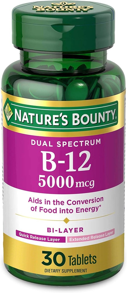 Vitamiin B12 looduse pearaha, kahekihiline toidulisand, kiire vabanemine ja laiendatud vabanemine, toetab energia ainevahetust ja närvisüsteemi tervist, 5000 mg, 30 tabletti