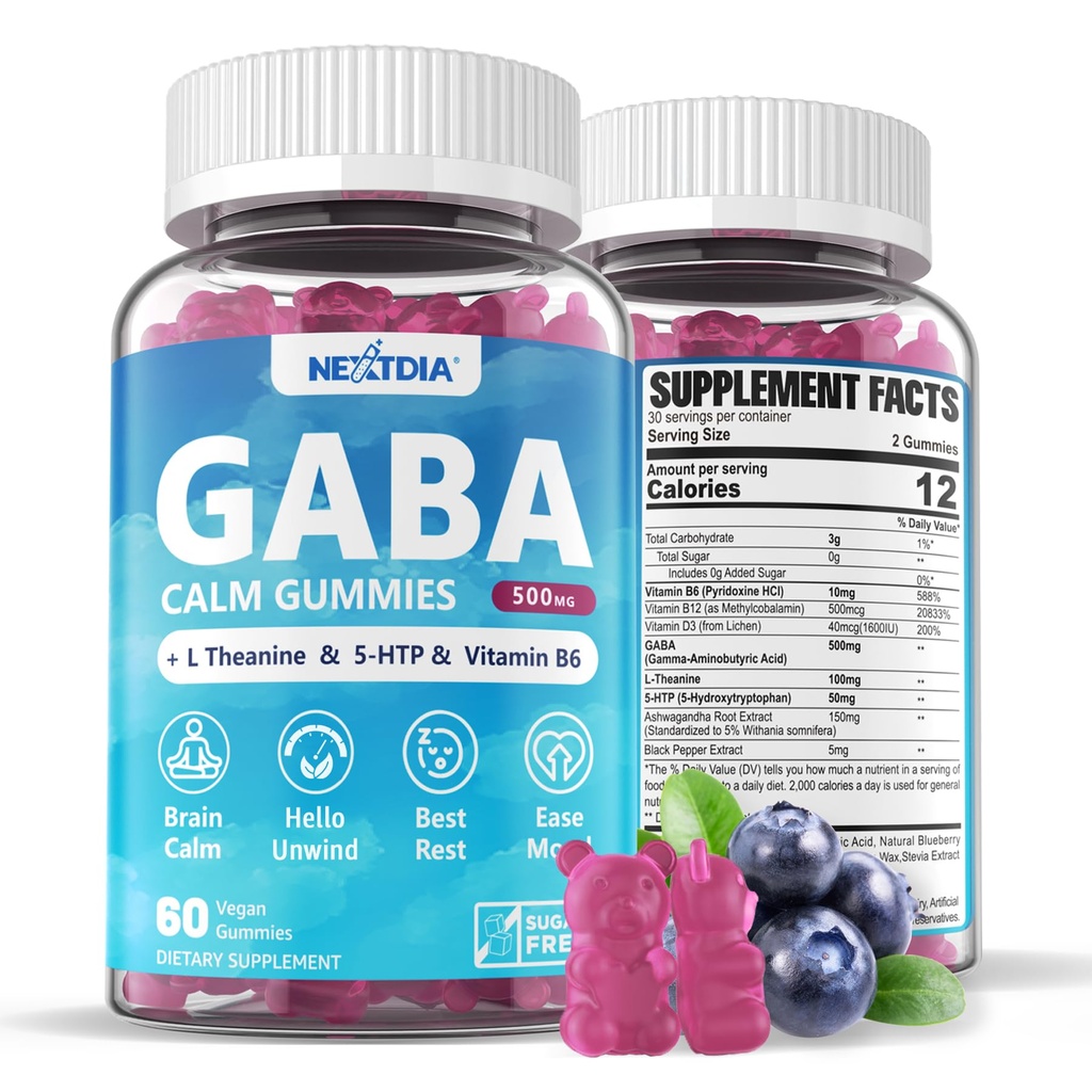 GABA Gummies 500 mg - suhkruvabad kummikommid L-teaniiniga, 5-HTP, vitamiinid D3, B12, Ashwagandha, melatoniinivaba ajurahu, meeleolu, Zzz Parem, GABA täiskasvanute täiendus, mustikamaitse, 1Pack