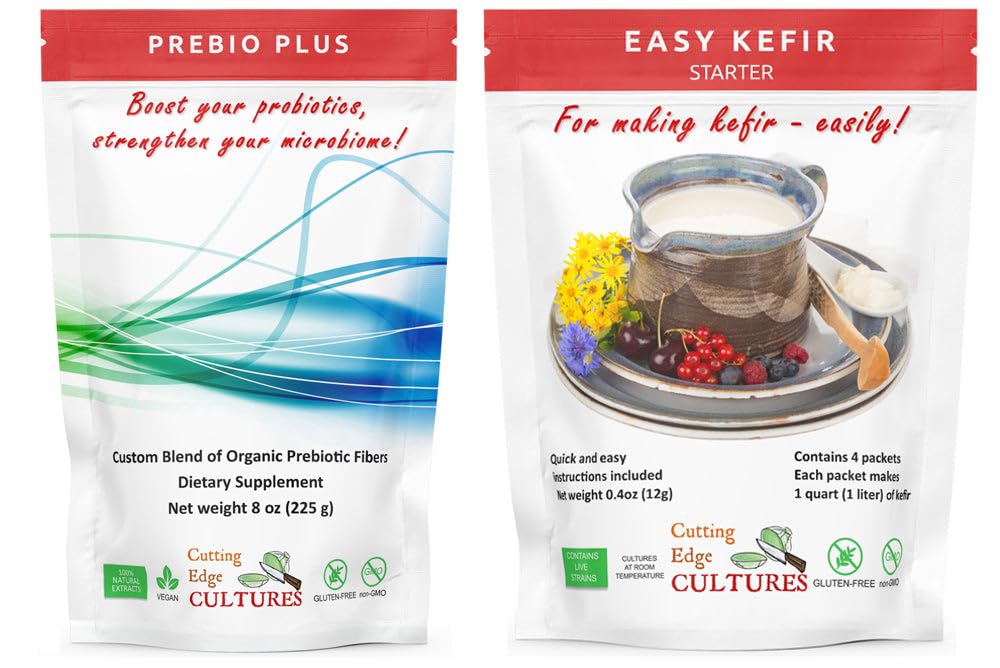 Lõikamine serva kultuurid Prebio Plus + Kefir Starter Kultuur Prebiootikumi Fiber Pulber Parim kohandatud segu Orgaaniline Prebiootikumi Fibers Dietary Supplement (1 Prebio Plus + 1 Kefir 20g)