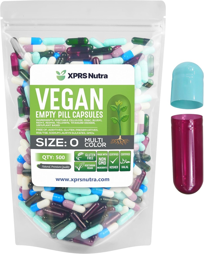 XPRS Nutra Size 0 Empty Capsules - 100 Count Empty Vegan Capsules - Vegetarian Pills - DIY Vegetable Capsule Filling- Veggie Pill Caps for Do-It-Yourself Supplements (Multi Color)