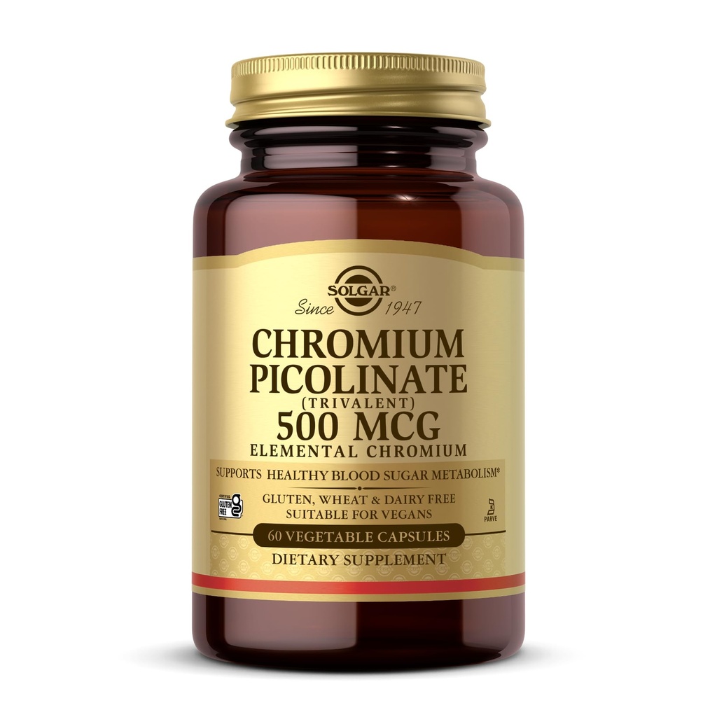 Solgar Chromium Picolinate 500 mcg - 60 köögiviljakapslid - toetab suhkrut, rasva ja valku Metabolism - Non-GMO, Gluten Free, Kosher - 30 Servings