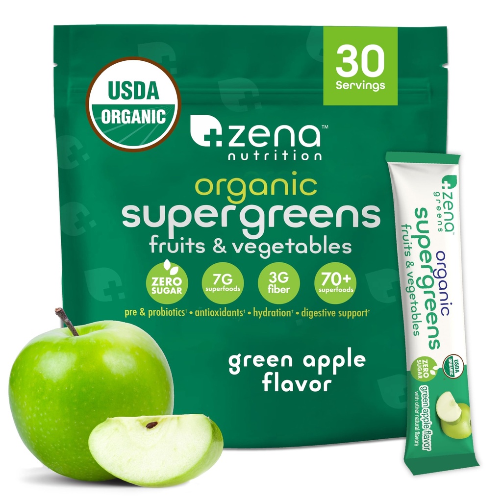 Zena Nutrition Organic Super Greens Pulber, 70+ Superfoods, 0 Suhkur, 3G Fiber, Spirulina, Chlorella, Antioksüdandid, Prebiootikumid/Probiootikumid, Seedeensüümid, Roheline Õun, 30 Joogi Sega Pakendid