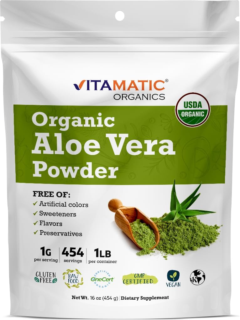 Vitamatic Certified USDA orgaaniline Aloe Vera pulber - 1 lb (16 oz) toetab nahka, seedimist, detoksi ja immuunsüsteemi tervist | Mitte-GMO, Gluteenivaba, Kosher