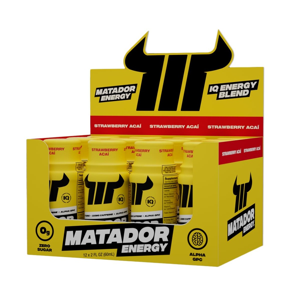 MATADOR Energy Shots ekstra tugevus Mini energiajoogid w/B komplekssed vitamiinid (vitamiin B12-B9-B6-B3), Alpha GPC Nootroopne IQ Energia, Kohvioad Ekstra kofeiini kaadrid, 24 energiajook Maasika Acai