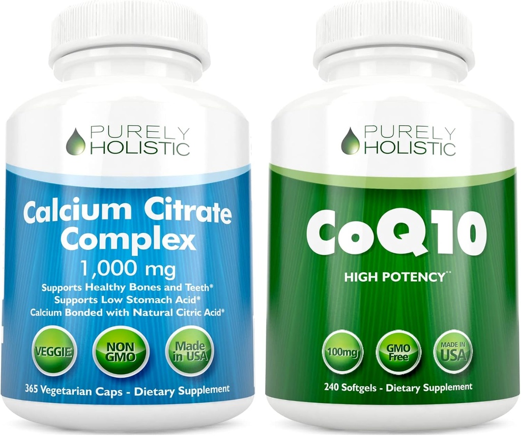 Kaltsiumtsitraadi kompleks 1000mg + CoQ10 100mg - 365 vegankapslit + 240 Softgels Bundle - ilma D-vitamiinita - valmistatud USA-s