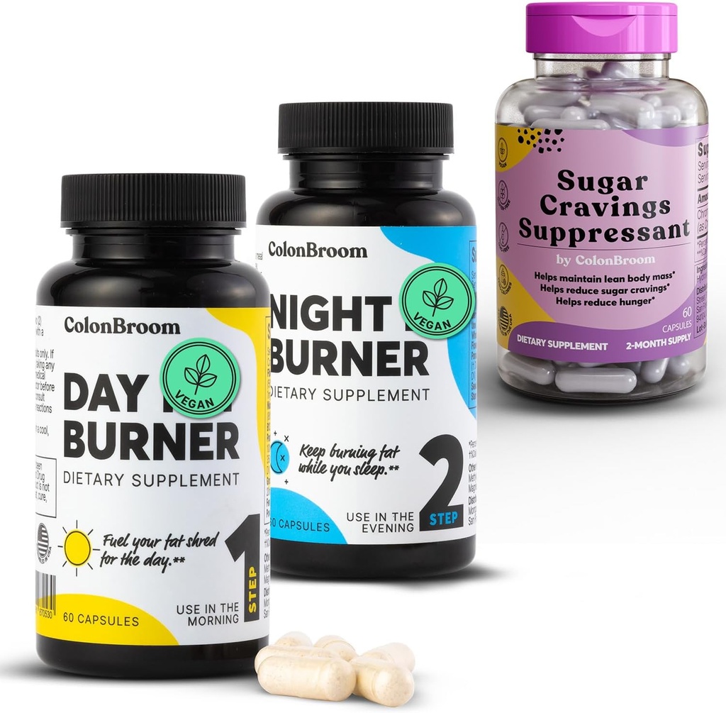 ColonBroom Day & Night Burner toidulisandeid, Kaalulangus pillid (60 Servings) + Suhkru iha supressant - kroomi Pikolinaat 200mcg (60 Servings), 3 Kaubad