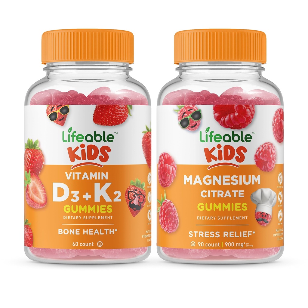 Elujõuline D3-vitamiin + K2-vitamiin Lapsed + Magneesiumlapsed, Gummies Bundle - suurepärane maitse, vitamiinilisand, Gluteenivaba, GMO-vaba, närimiskumm