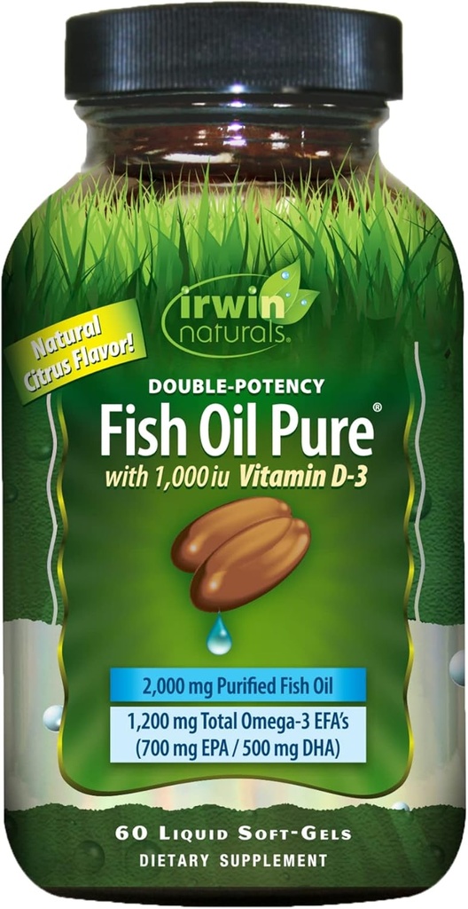 Double-Potency Fish Oil Pure by Irwin Naturals, Citrus Maitse koos vitamiiniga D-3, 60 vedelat pehmet geeli