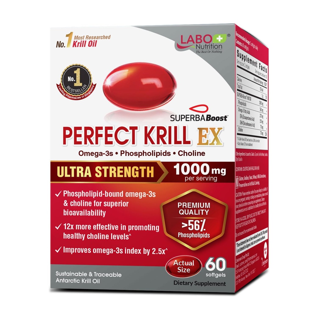 LABO Nutrition Perfect Krill EX, 1000mg Antarktika krillõli Omega 3 EPA DHA, Kõrgeimad fosfolipiidid (üle 56%) koos koliiniga, astaksantiin | Südame aju silmade tervis, valmistatud USAs, 60 pehmegeeli