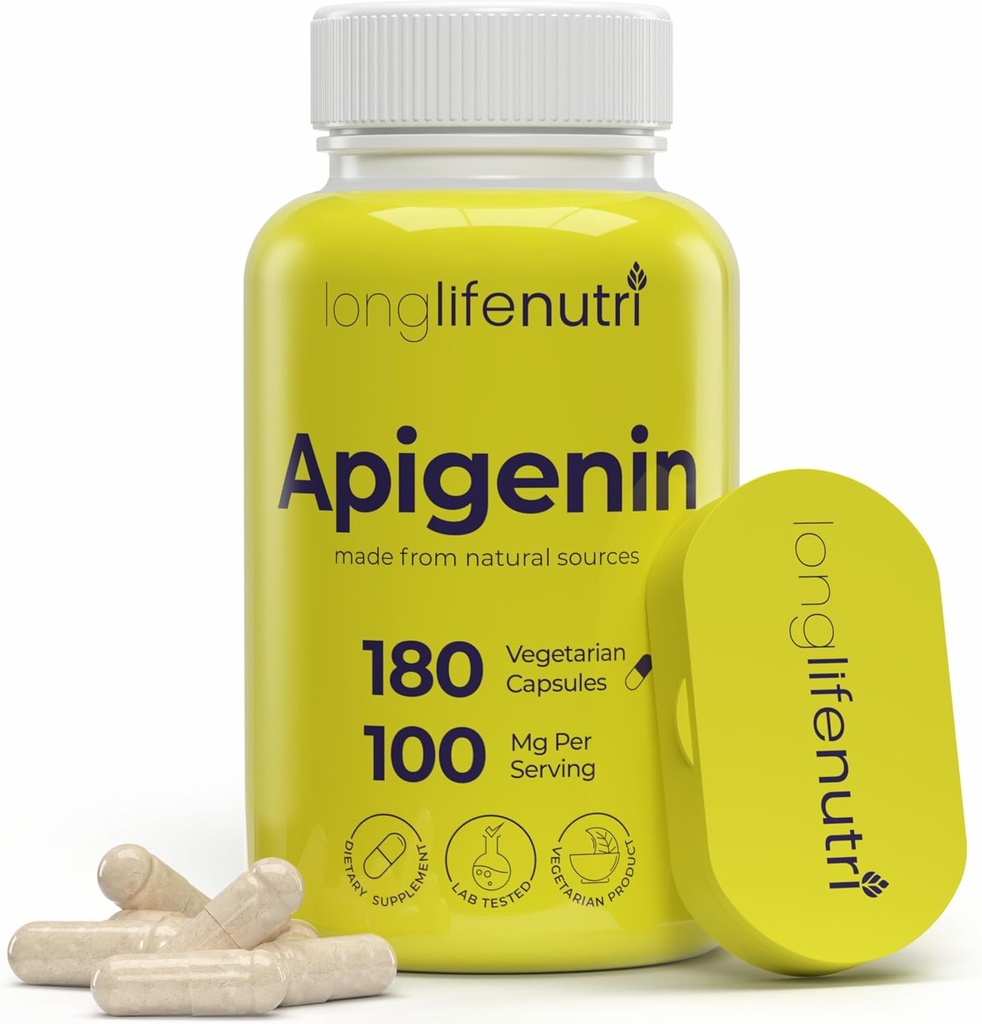 LongLifeNutri Apigenin 100mg - looduslik bioflavonoid kummeli ekstraktist, 180 taimetoitlast kapslit, une, meeleolu ja lõõgastumise täiendus, 6-kuuline pakkumine, GMP sertifitseeritud, valmistatud USA-s