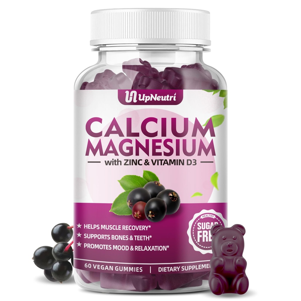 Kaltsiummagneesium tsink D3-vitamiini lisandiga, suhkruvaba kaltsiumkummid naistele meestele, kõrge imendumisega tsinkkummid luudele ja lihastele & immuuntervisele, Vegan Elderberry Maitse - 60 krahv