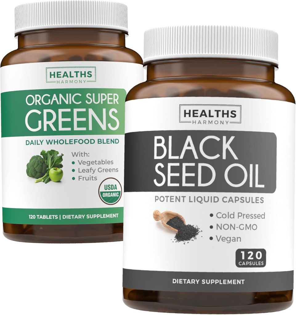 Super Greens & Black Seed (2-kuuline tarne) Greens Oil Synergy Bundle of Organic Super Greens Powder - Complete Superfood (120 kapslit) & Black Seed Oil - Külmpressitud Nigeilla Sativa (120 kapslit)