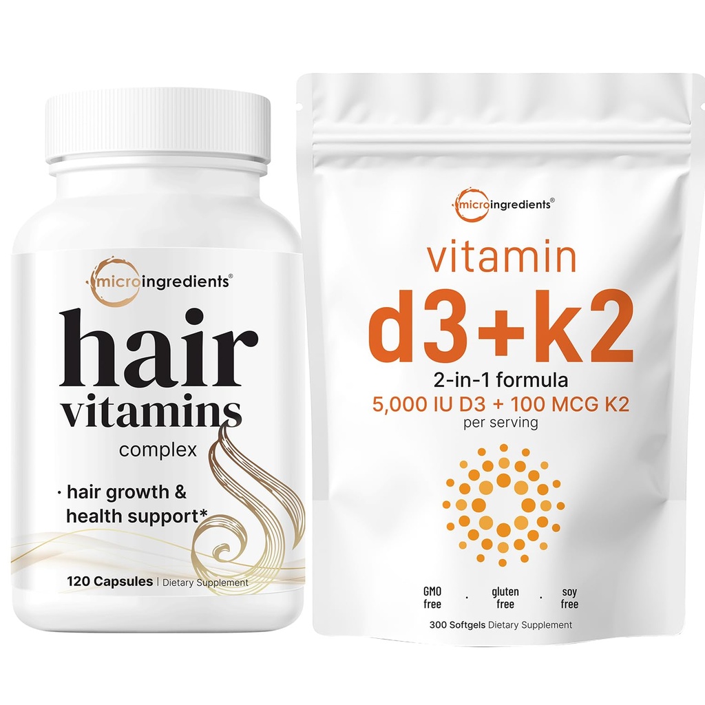 Mikrokoostisosad Vitamiin D3 5,000iu + K2 100mcg Softgels & Hair Vitamiinid Komplekskapslid Bundle 2 Pack | Essential Sunshine Vitamins | 14-in-1 Advanced Hair Growth Support