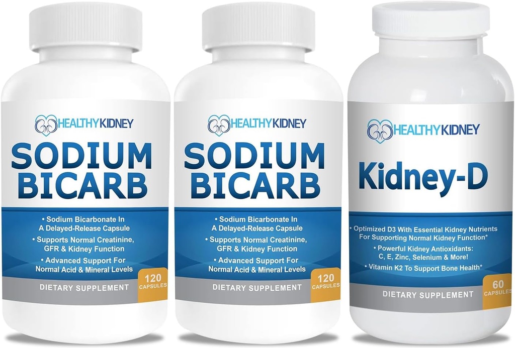 Naatriumvesinikkarbonaat 650mg Kapslid happe leevendamiseks, leelisus 120 pillid 2-Pack + neeru-D neeru täiendada. D-vitamiin on optimeeritud neerude toetamiseks.