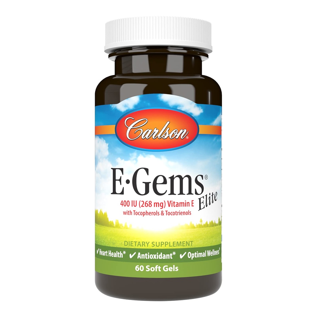 Carlson - E-Gems Elite, 400 IU E-vitamiin koos tokoferoolide ja tokotrienoolidega, südame tervis ja optimaalne heaolu, antioksüdant, 60 pehmet geeli