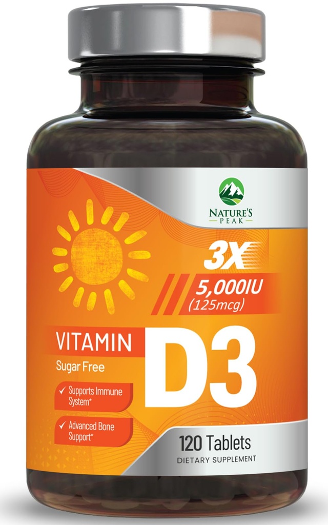 Vitamiin D3 5000iu (125 mcg) Immuuntervise tugi - kõrge potentsiga D-vitamiini toidulisand luudele, hammastele, lihastele - looduse VIT D, vegan, gluteenivaba, vaarikamaitse - 120 närimistabletti