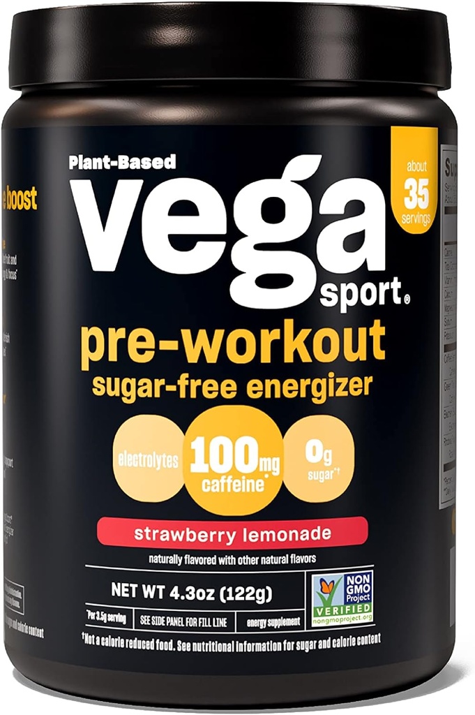 Vega Sport Sugar Free Pre-Workout Energizer, Strawberry Lemonade - Pre Workout Powder for Women & Men, Supports Energy and Focus, Electrolytes, Vegan, Keto, Gluten Free, Non GMO, 4.3 oz